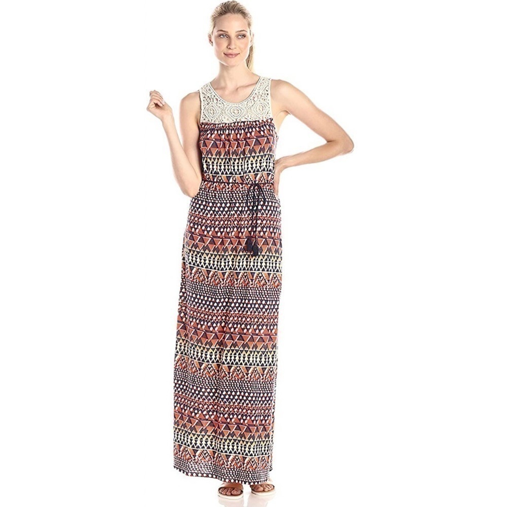 Lucky Brand Maxi Dress L Geometric Print Crochet Summer Vacation Party Bright